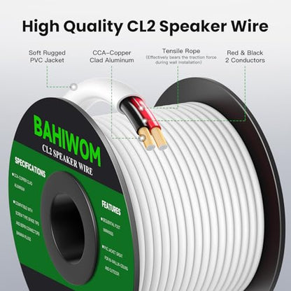 White Speaker Wire 14 Gauge 200FT CL2 Rated CCA Speaker Cable | Flexible PVC Jacket 2 Conductors Red & Black Polarity Mark for Home Theater,Indoor,In-Wall,In-Ceiling & Marine - size: 200 FT, style: 14GAUGE