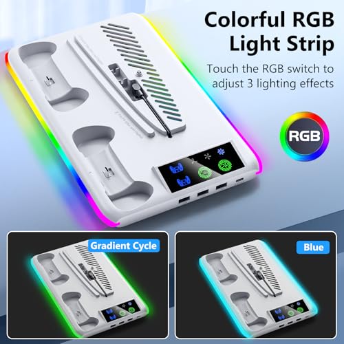 BRHE PS5/Slim Cooling & Charging Station,PS5/Slim Stand for Disc & Digital Console,PS5 Controller Charger,PS5 Slim Accessories with 3 Charging Ports,Cooling Fan,Headset Holder - color: White