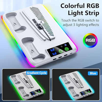 BRHE PS5/Slim Cooling & Charging Station,PS5/Slim Stand for Disc & Digital Console,PS5 Controller Charger,PS5 Slim Accessories with 3 Charging Ports,Cooling Fan,Headset Holder - color: White