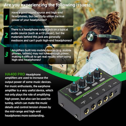 Headphone Amplifier 4 Channel Stereo Headphone Amp Mini Audio Amplifier with Power Adapter DC 12V 6.35mm Input/Output Interface Portable Earphone Amp Splitter for Stage Studio