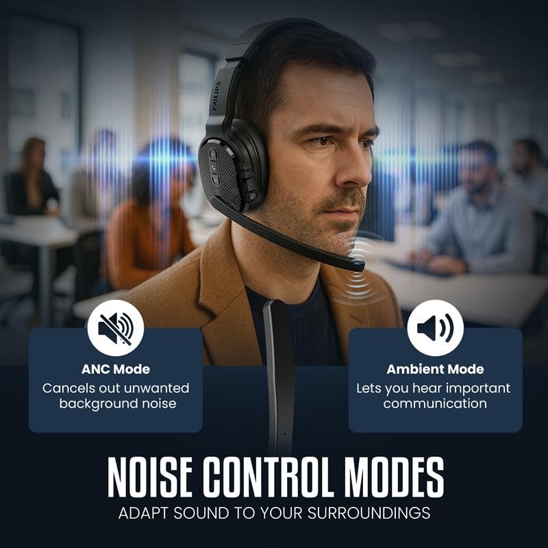PHILIPS Trucker Bluetooth Headset, Wireless Headset with Noise-Canceling Microphone, 2-in-One Convertible Mono & Stereo Design Headphones, All Day Extended Playtime for Work, Home, Hands-Free Driving - color: Black