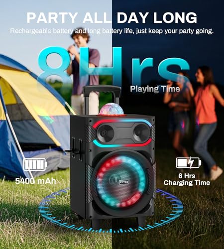 Karaoke Machine for Adults with 2 Wireless Microphones, BT PA System with Disco Ball LED Lights, Rolling Wheels, Tablet Holder, Remote Control, Support TWS/USB/AUX/TF/REC/FM for Home Parties