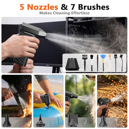 Preciva 2-in-1 Compressed Air Duster, 180,000 RPM High-Speed Turbo Electric Duster & Vacuum with 3-Second Deep Cleaning, Rechargeable Battery, 6 Attachments and LED Light for Keyboard, PC, Car, Home