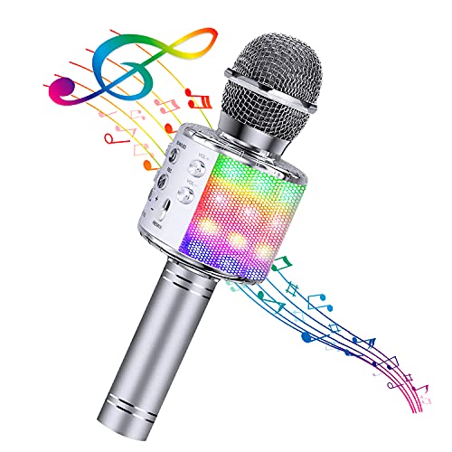 BlueFire 4 in 1 Karaoke Wireless Microphone with LED Lights, Portable Microphone for Kids, Great Gifts Toys for Kids, Girls, Boys and Adults (Silver) - color: Silver