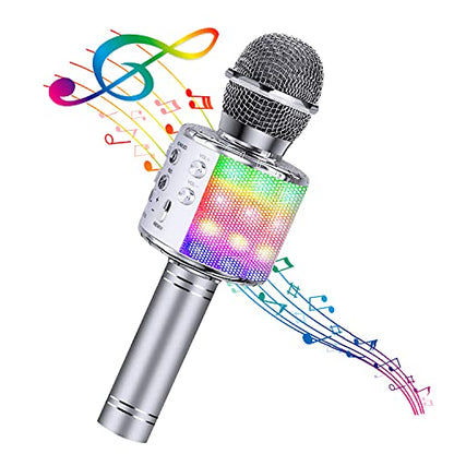BlueFire 4 in 1 Karaoke Wireless Microphone with LED Lights, Portable Microphone for Kids, Great Gifts Toys for Kids, Girls, Boys and Adults (Silver) - color: Silver