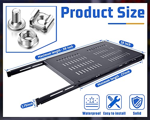 1U Adjustable Rack Mount Shelf Vented Server Rack Drawer 175 lbs 27.5 to 38 Inch Adjustable Mounting Depth Blanking Panel Kit Universal Tray for 19 Inch AV/Network Equipment, Black(1 Piece)