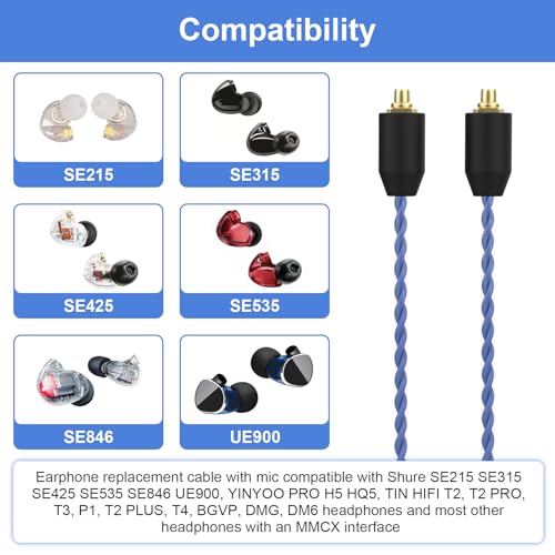 SE215 Pro Cable for Shure SE215, SE315, SE425, SE425 Pro, SE535, SE846 | MMCX Cable with Mic for Shure AONIC 3, AONIC 4, AONIC 5, UE900 Earphones, PS4, PS5, PC, Tablets, Laptops, Smartphones, 4ft