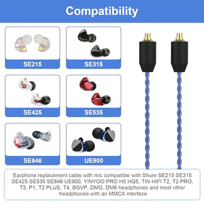 SE215 Pro Cable for Shure SE215, SE315, SE425, SE425 Pro, SE535, SE846 | MMCX Cable with Mic for Shure AONIC 3, AONIC 4, AONIC 5, UE900 Earphones, PS4, PS5, PC, Tablets, Laptops, Smartphones, 4ft