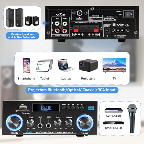 AK50 Bluetooth 5.0 Stereo Receivers, 2 Channel 400W Home Stereo Amplifier - size: AK-50
