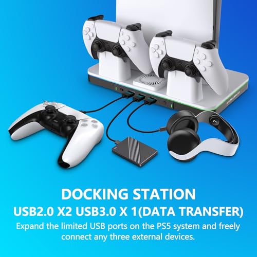 G-STORY Stand & Cooling Station for PS5/Pro/Slim, Dual Controller Charger, RGB Fan, Headset Holder