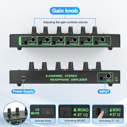 HOSONGIN 6 Channels Headphone Amplifier with Independent Volume Control, Compact Mini Earphone Splitter, Stereo/Mono Switch, Compatible with 1/4" & 1/8" TS/TRS for Studio & Stage