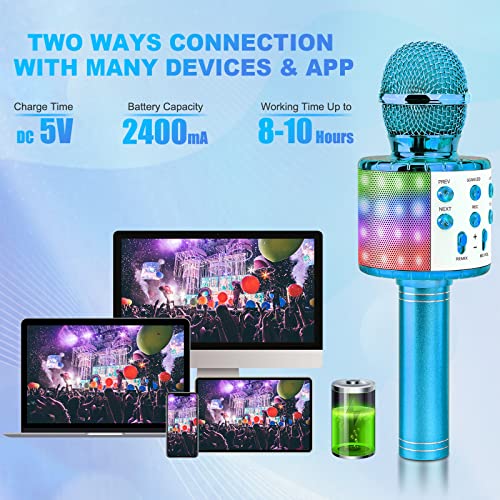 BlueFire 4 in 1 Karaoke Wireless Microphone with LED Lights, Portable Microphone for Kids, Great Toys for Kids, Girls, Boys and Adults (Blue) - color: Blue