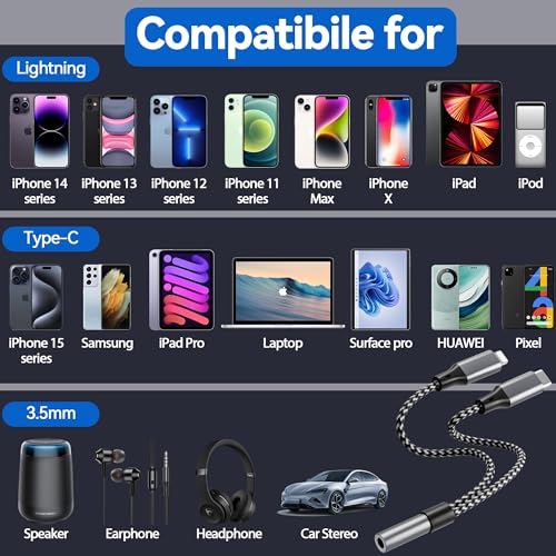 USB C and Lightning to 3.5 mm Headphone Adapter for iPhone - 2 in 1 USB C to 3.5mm & Lighting to 3.5mm Aux to USB C and Lightning Audio adapter for iPhone17 16 15 14 13 12 Pro Galaxy S24 S23 iPad Mac