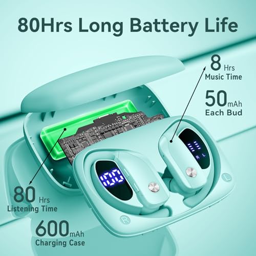 bmani Ear Buds Wireless Earbuds Bluetooth Headphones with 80H Playtime LED Display Case, Over-Ear Hook with Mic, Stereo Sound, Easy Button Controls, Sports Earphones for Running Workout Gym Mint Green - color: Mint Green, style: Standard