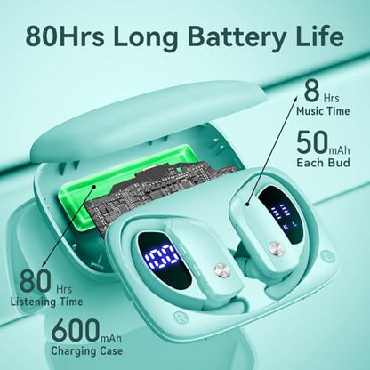 bmani Ear Buds Wireless Earbuds Bluetooth Headphones with 80H Playtime LED Display Case, Over-Ear Hook with Mic, Stereo Sound, Easy Button Controls, Sports Earphones for Running Workout Gym Mint Green - color: Mint Green, style: Standard