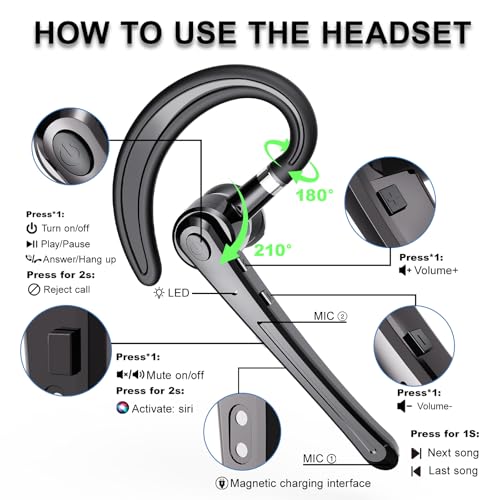 Bluetooth Headset,Wireless Bluetooth Earpiece with 800mAh Charging Case 80 Hours Talking Time Built-in CVC8.0 Dual-Mic Active Noise Cancelling V5.1 Hands-Free Headphones for Trucker/Office (C1, Black)