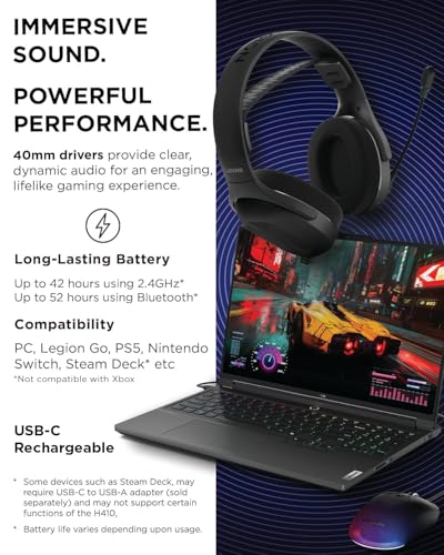 Lenovo Legion H410 Wireless Gaming Headset, Bluetooth or 2.4 GHz USB-A Connection, Lightweight (304 Grams), Adjustable Headband, Flip to Mute Mic, Black - style: H410