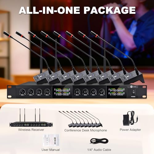 W IN-MIX Wireless Conference Microphone System, 8 Channel Wireless Podium Microphone,8 Gooseneck Mics Adjustable Frequency Super-Low Background Noise for Lecture, Church, Conference, Public Speaking