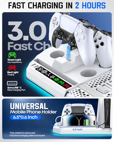 Cooling Station with Controller Charger for PS5/Slim/Pro, PlayStation 5 Vertical Stand for Disc & Digital Console, Dual PS 5 Controller Charging Station with 3 Level Cooling Fan, PlayStation 3 Games - color: All White
