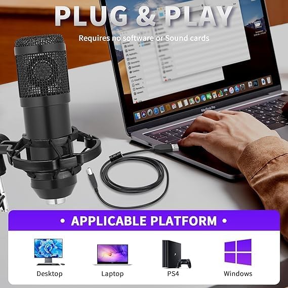 Condenser Microphone,Professional Cardioid Studio Streaming Podcast PC Computer USB Microphone Set with Adjustable Mic Suspension Scissor Arm for Broadcasting,Gaming, YouTube,Meeting