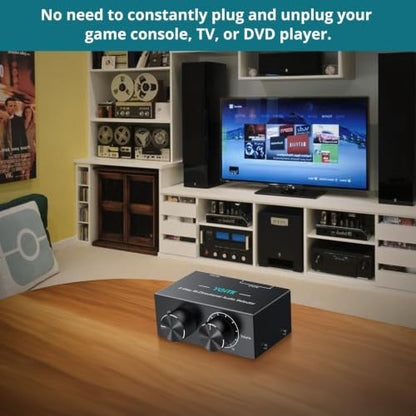 2-Way Stereo Audio Switcher 2-in-1-Out/ 1-in-2-Out Bi-Directional 3.5mm Aux & RCA L/R Audio Switch Selector Box with Off Button for Speaker Headphones Amplifiers CD Player Turntable Computer - size: 2 Way