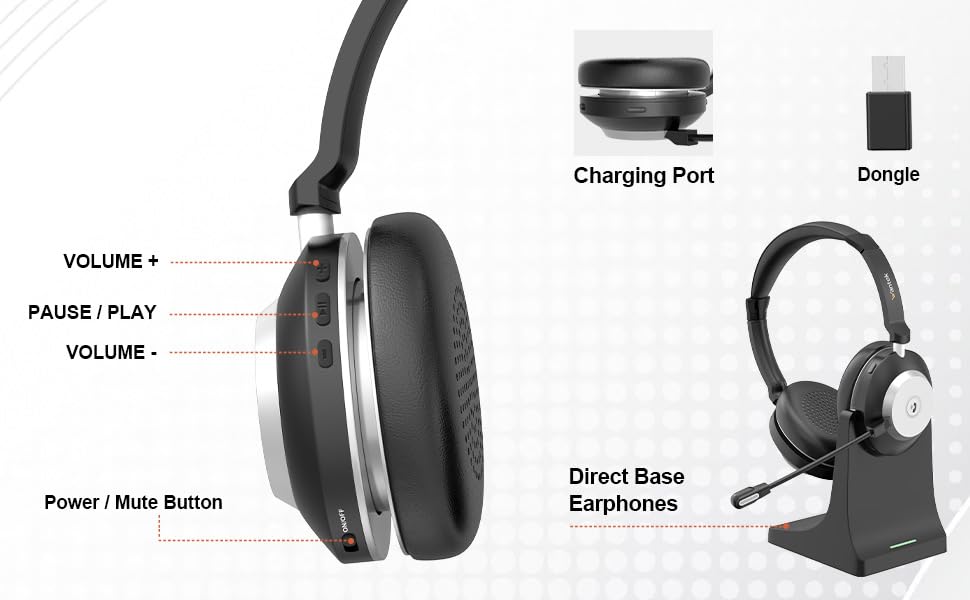 Wantek Wireless Headset with Mic- USB & Bluetooth Connectivity, 50-Hour Battery Life, AI Noise Cancelling Adjustable Microphone Charging Dock, Comfort Fit for Home/Office/Mobile Phone
