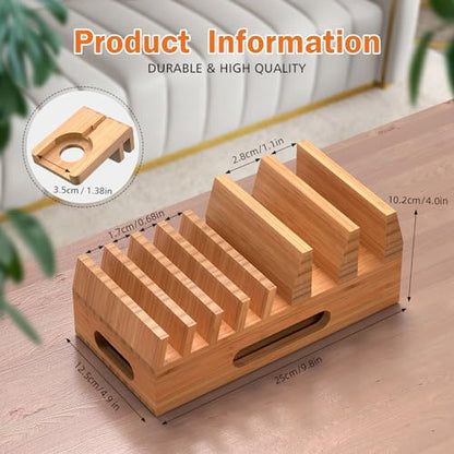 Pezin & Hulin Bamboo Charging Station with 5 Cables-Natural Bamboo | Wood Desktop Docking with Watch Holder for Phone, Tablet & Watch – Charge 7 Devices at Once, 5 Cables Included (No Adapter) - color: Dock Stand +Cables