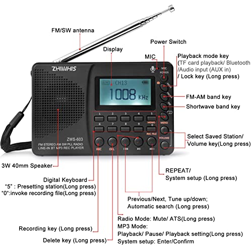 ZHIWHIS Portable Bluetooth Radio, FM AM Shortwave Radios with Sleep Timer and Preset Function, Rechargeable Digital Recorder, Stereo MP3 Player with Lyric Display, Support Micro SD Card and AUX - style: ZWS-603 (white backlight)