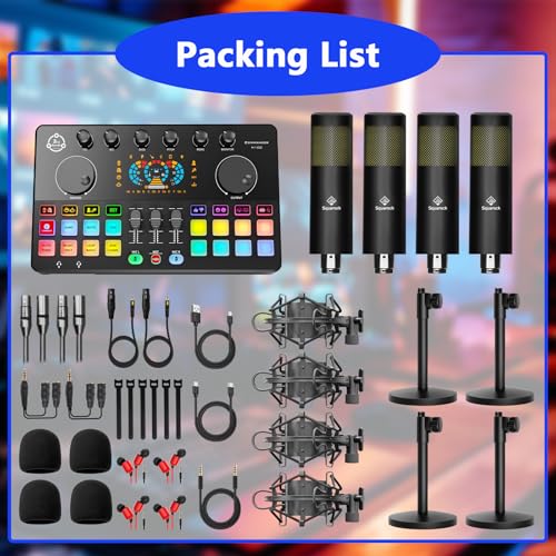M100 Podcast Equipment Bundle for 4, Audio Interface with 4 Dynamic Mics