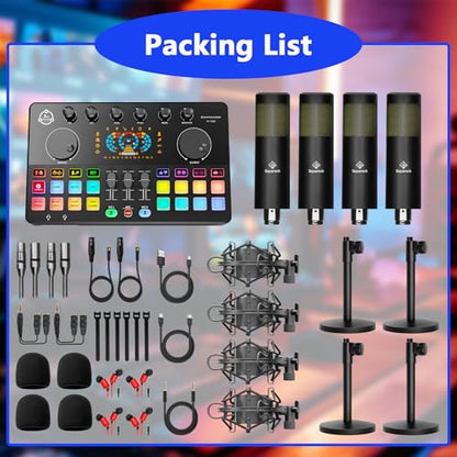 M100 Podcast Equipment Bundle for 4, Audio Interface with 4 Dynamic Mics