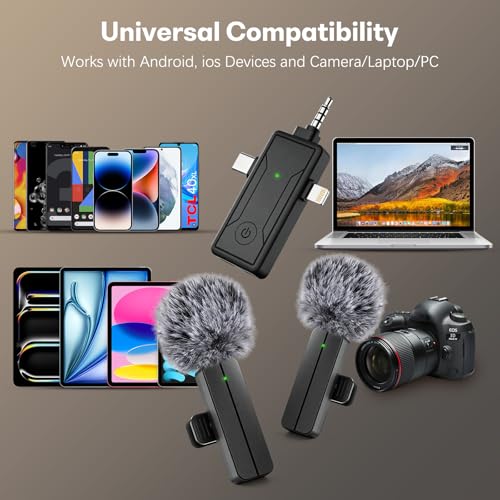 3 in 1 Wireless Mini Microphone for iPhone Android Phone Camera: Lavalier Lapel Mic for Video Recording - Noise Cancelling Clip on Shirt Microphones for Tiktok YouTube Podcast Vlogging