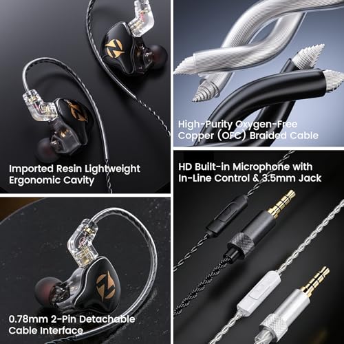 AK9 PRO Wired IEM Earbuds, Hi-Res Audio, 11mm Dynamic Driver, Detachable 2-Pin Cable, Noise Isolating in-Ear Monitors for Music, Gaming & Smartphones - color: Black