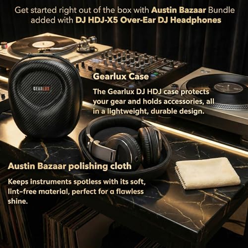 Pioneer DJ HDJ-X5 Over-Ear DJ Headphones - Black Bundle with Case and Austin Bazaar Polishing Cloth - color: HDJ-X5, style: Black