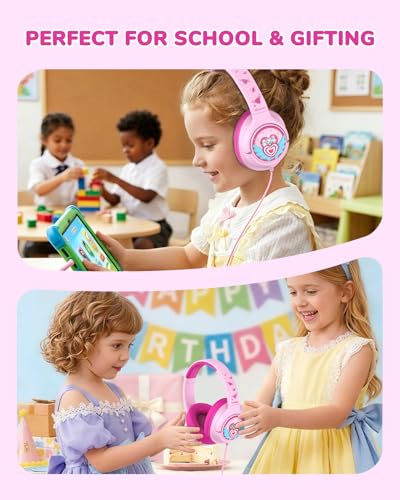 iClever C371 아동용 헤드폰 코드 포함, 남학생 여아 여행 선물 | SafeSound Tech3.0, 스테레오 사운드, 3.5mm 잭, 접이식, 내구성 있는 헤드밴드, 아동용 안전 유선 헤드폰, 마카롱 핑크 - color: A-마카롱 핑크