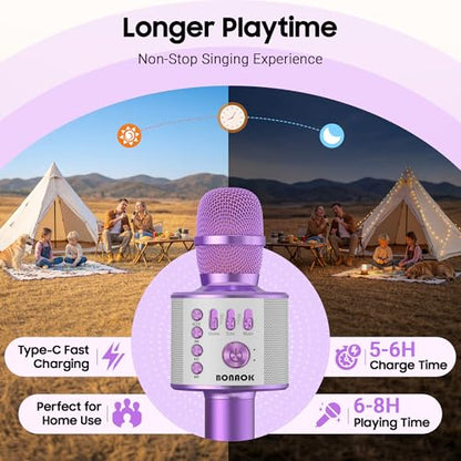 BONAOK Wireless Bluetooth Karaoke Microphone, 3-in-1 Portable Handheld Mic Speaker Machine for All Smartphones, for Girls Boys Kids Adults All Age Q37(Light Purple) | Bluetooth 5.0, Echo Mode,Built-in Speaker, SD Card, for iPhone iPad, Handheld,Home Karao