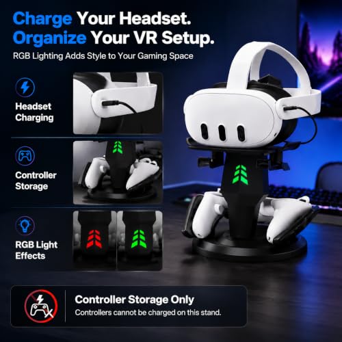 VR Charging Dock for Meta Quest 3, Quest 3S, Quest 2, VR Accessories | VR Headset Stand, Type-C Charger, Stable Anti-Slip Base, Space Saving Design