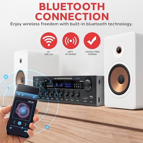 Pyle 400w Home Entertainment Amplifier with Bluetooth - Karaoke Optimized with Dual Mic Inputs with Reverb and Delay, Hi Def in and Out for Home Theater, USB-A Input, SD Card, FM Radio - PHDA6BT