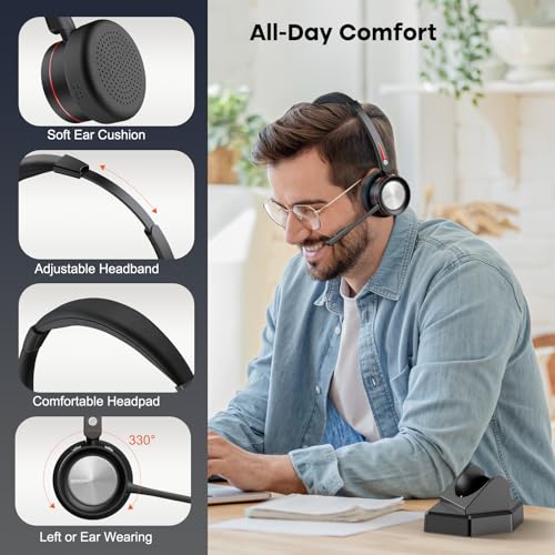 ENC Wireless Headset with Microphone for Mobile, Bluetooth Headset with Noise Cancelling Mic, USB Dongle & Charge Base for Office Work, for Calls Teams Zoom Webex Meeting, Telework