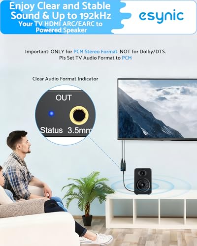 eSynic Professional 192KHZ eARC & ARC Audio Extractor-3.5mm AUX or L/R Out | USB Powered-From HDTV ARC or eARC Port to 3.5MM & L/R Audio Speaker-Setup PCM Audio Format Out & CEC is Enabled on your TV - style: eARC/ARC to RCA