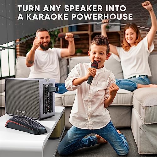 MASINGO 2 Wireless Karaoke Microphones, Integrated Bluetooth Receiver - Connects Mics and Smartphone to Any Speaker with AUX/Mic Input - Includes Singer Vocal Removal Mode + Charging Base - A12