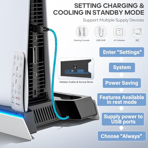 PS5/Slim/Pro Stand for Disc & Digital Console, PS5 Cooling & Charging Station with RGB Lights, PS5 Controller Charger Built-in 3 Level & AUTO Adjustable Fan, Accessories for PlayStation 4 Chargers - color: Black & White