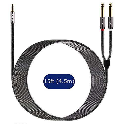 J&D 1/8 to 1/4 Stereo Cable, 3.5mm TRS to Dual 6.35mm TS Breakout Cable Y Splitter Cord for Amplifiers/Audio Mixer/Audio Recorder/MP3/MP4, Nylon Braid, Gold Plated Copper Shell, 15 Feet - size: 15 Feet