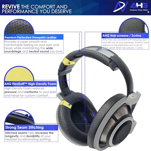 AHG Premium HD 8XX / HD 800S / HD 800 Ear Pads Cushions and Headband Compatible with Sennheiser HD800 / Sennheiser HD800S and Drop HD 8XX Headphones. Perforated Sheepskin/High-Density Foam/Durable