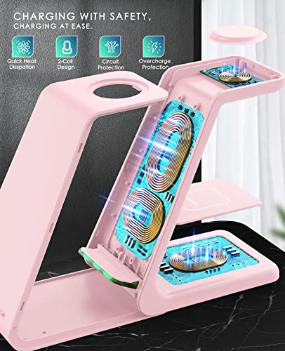 3 in 1 Wireless Charging Station, 2026 Upgraded Fast Desk Charger Station for iPhone 17 16 15 14 13 12 Pro Max Plus, Charger Stand for Apple Watch 10 9 8 7 6 5 4 3 2 SE, Airpods 4 3 2 Pro(Pink) - color: C-Pink