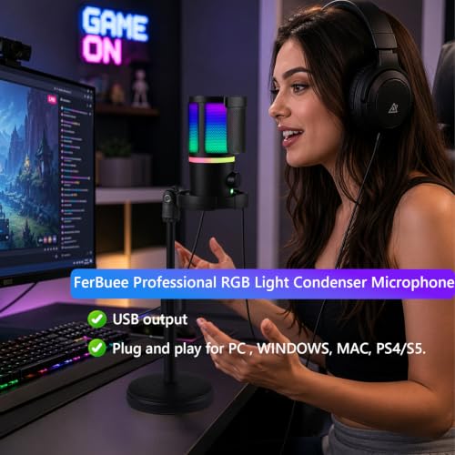 USB PC Gaming Microphone with RGB Light, Volume Control, Mute Button, Headphone Monitoring Jack. Compatible with Windows, MAC, PS4/PS5.