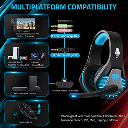 Pacrate Gaming Headset with Microphone for PC PS4 PS5 Headset Noise Cancelling Gaming Headphones for Laptop Mac Switch Xbox One Headset with LED Lights Deep Bass for Kids Adults Black Blue - color: Black Blue