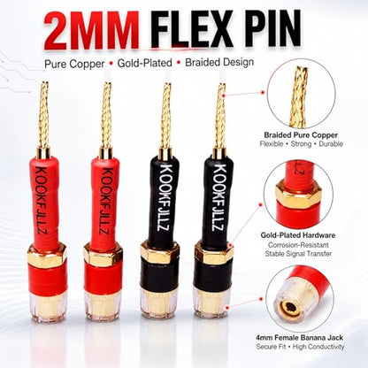 4mm Banana Plugs Speaker Wire Adapters 4 Pack - Pin to Female Banana Jack Gold Plated Connectors for Speaker Amplifier