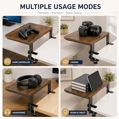 Clamp-On Desk Extender, 15 x 9.5 Inch Monitor Riser | Height options, No-drill setup, 3-in-1 use, 44 lb load, Office station, Gaming area, Brown finish - color: Brown