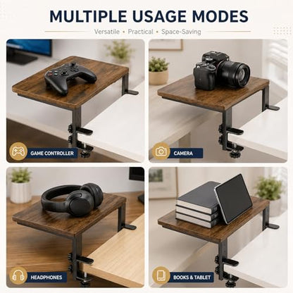 Clamp-On Desk Extender, 15 x 9.5 Inch Monitor Riser | Height options, No-drill setup, 3-in-1 use, 44 lb load, Office station, Gaming area, Brown finish - color: Brown