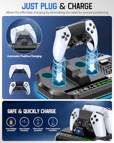 Cooling Station with Controller Charger for PS5/Slim/Pro, PlayStation 5 Vertical Stand for Disc & Digital Console, Dual PS 5 Controller Charging Station with 3 Level Cooling Fan, PS5 Accessory - Black - color: Black